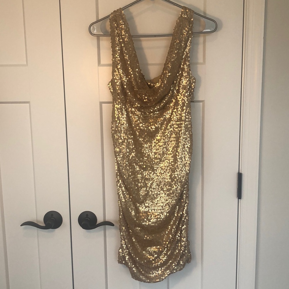 NWT Gold Sequin Cowl Neck Roughed  Above Knee Dress